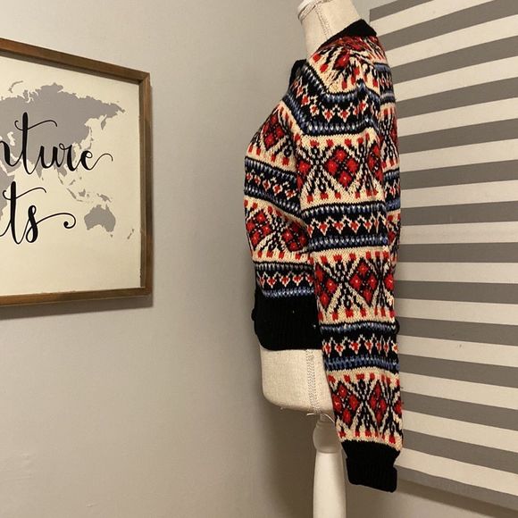 Navy Blue with Red & White Knitted Vintage 1980's Nordic Cardigan Sweater - Picture 5 of 12